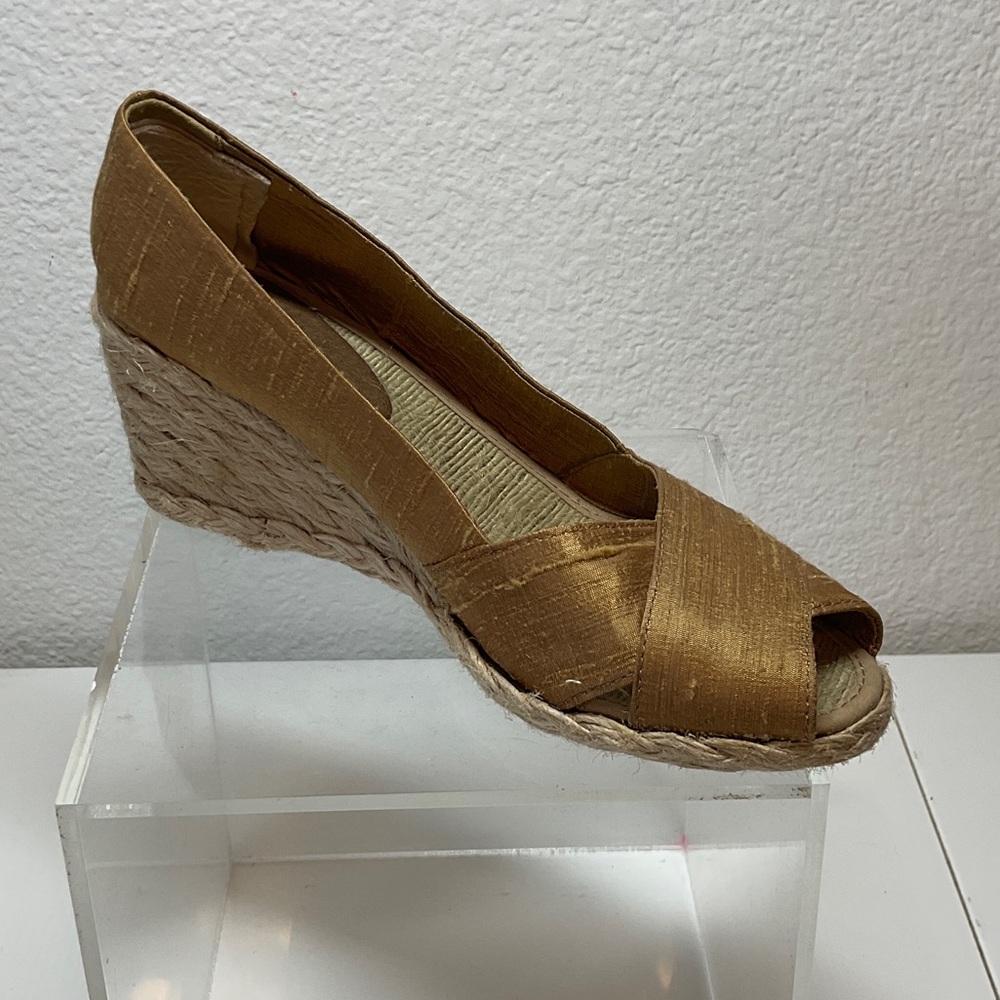 Lauren Ralph Silk Shantung Lauren Gold Bronze Espadrille Wedge Peep-Toe 8